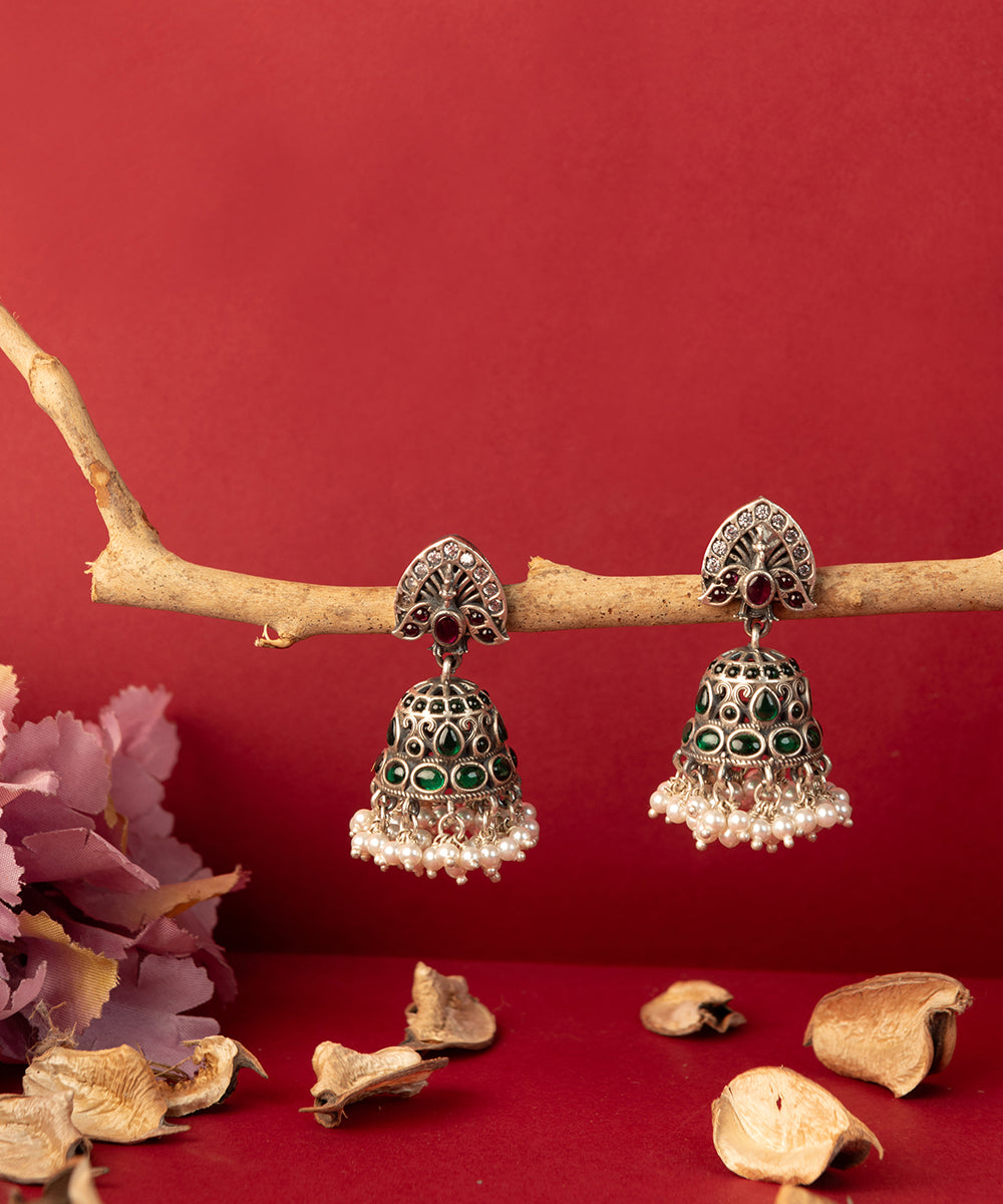 Abarna_Handcrafted_Oxidised_Pure_Silver_Earrings_With_Kemstones_And_Pearls_WeaverStory_01