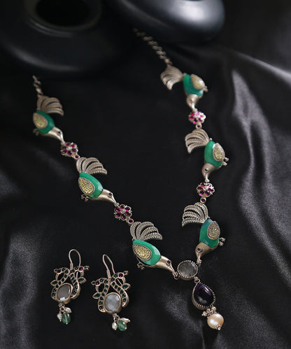 Green_Handcrafted_Oxidised_Necklace_In_Pure_Silver_With_Peacock_Motifs_WeaverStory_01