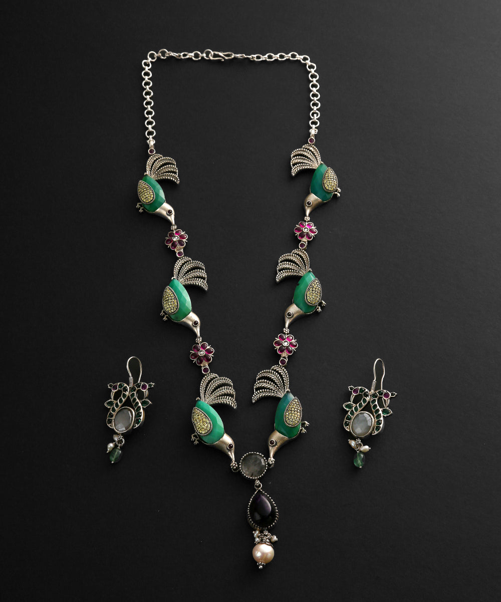 Green_Handcrafted_Oxidised_Necklace_In_Pure_Silver_With_Peacock_Motifs_WeaverStory_02