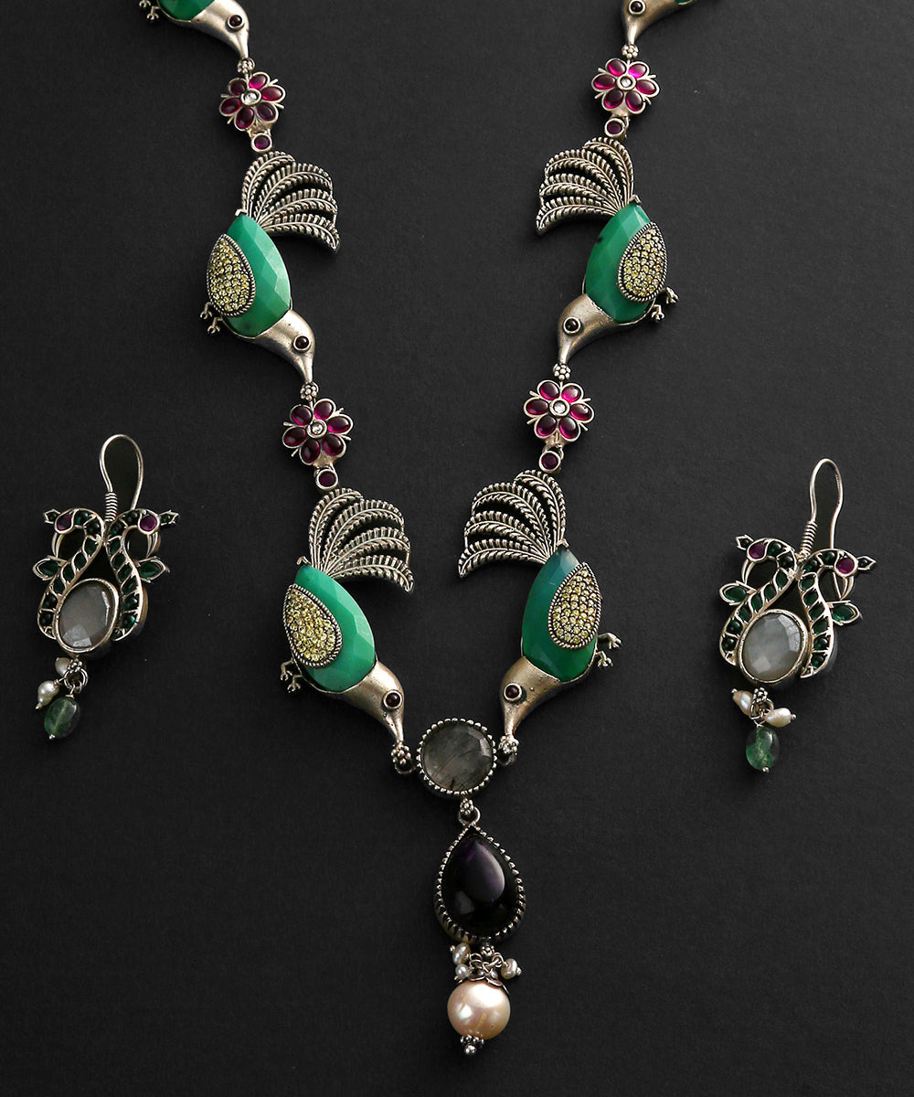 Green_Handcrafted_Oxidised_Necklace_In_Pure_Silver_With_Peacock_Motifs_WeaverStory_03