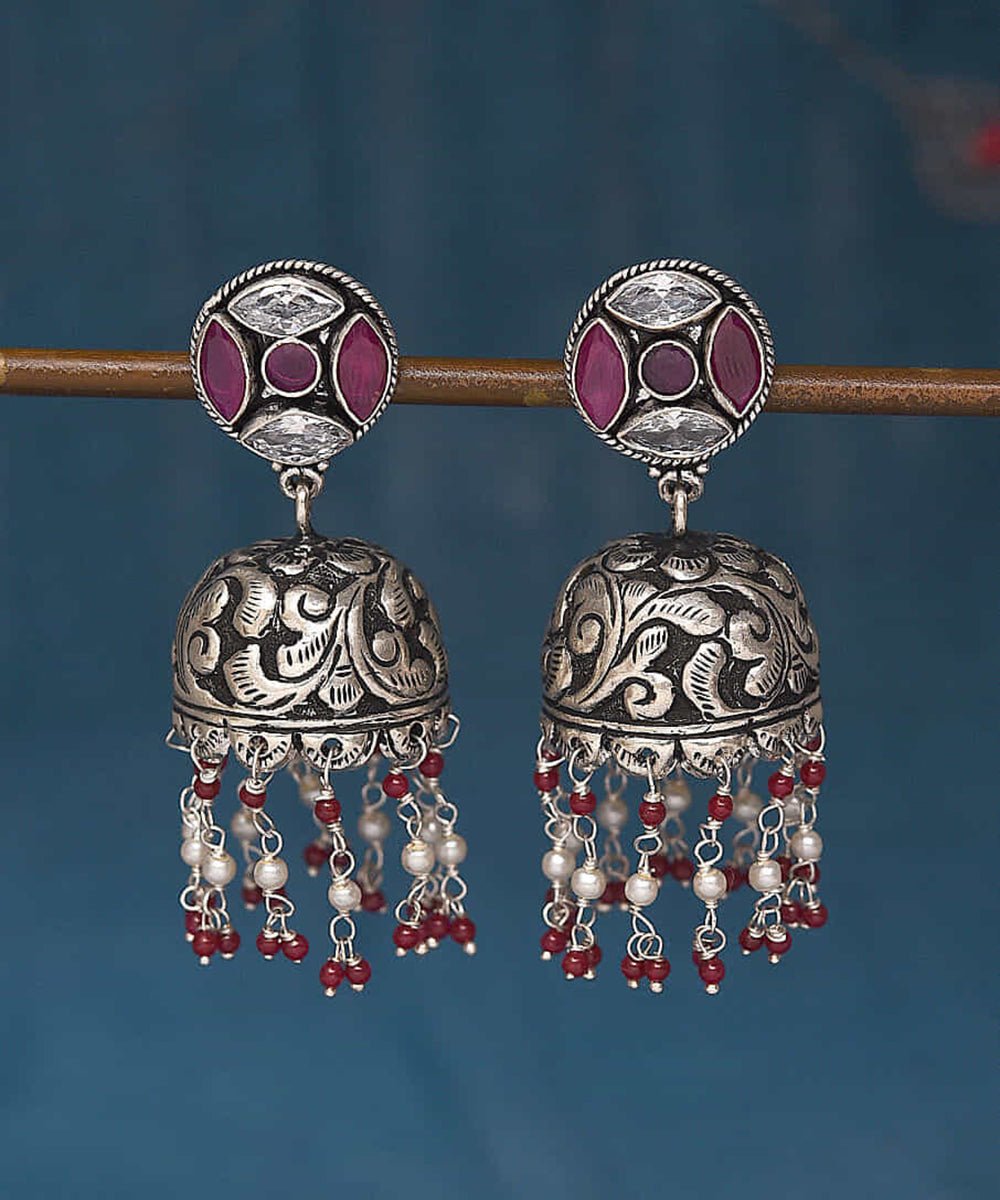 Ahla_Handcrafted_Oxidised_Pure_Silver_Jhumkas_With_Stones_And_Pearls_WeaverStory_01