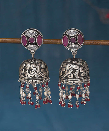 Ahla_Handcrafted_Oxidised_Pure_Silver_Jhumkas_With_Stones_And_Pearls_WeaverStory_01