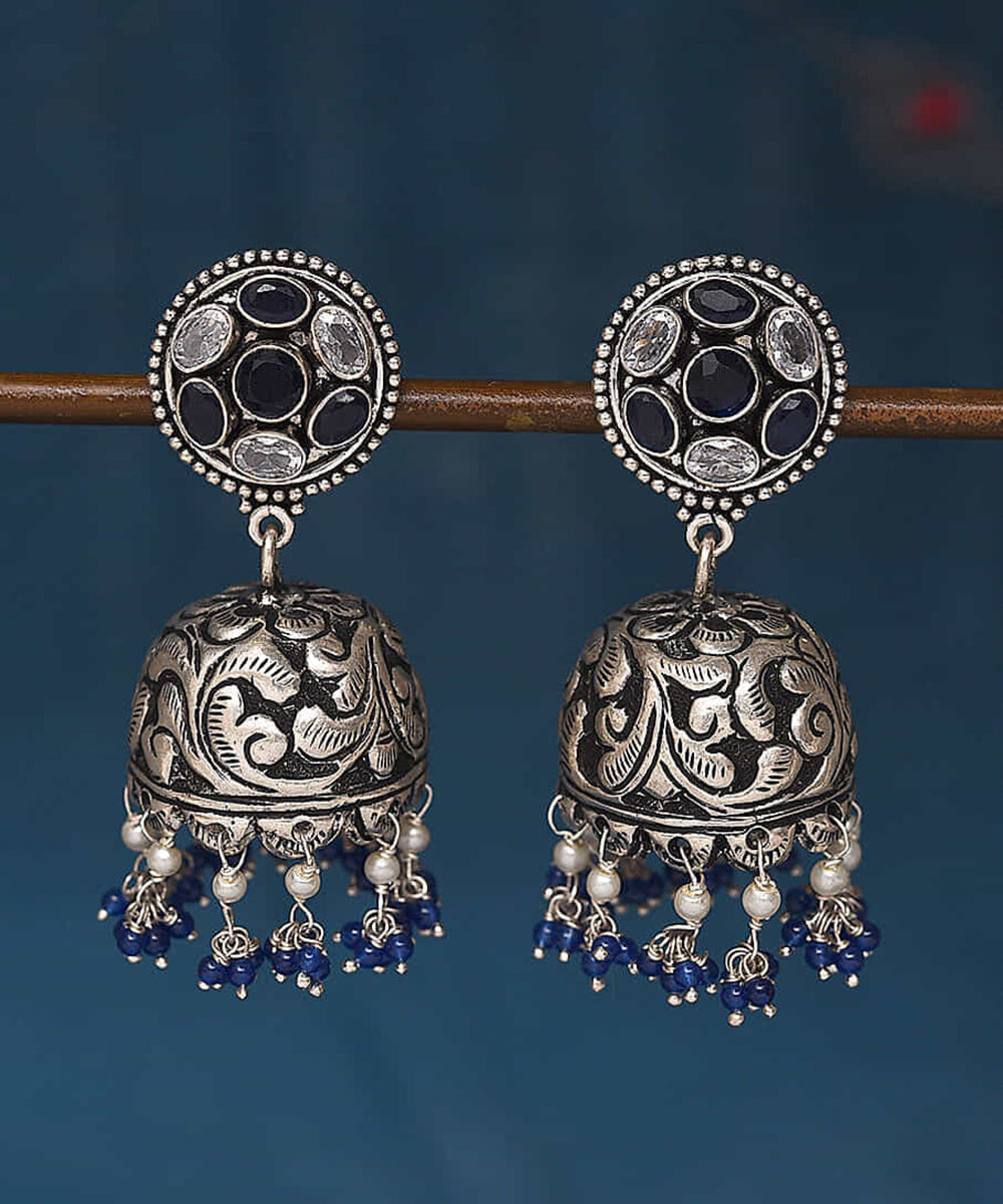 Zimaal_Handcrafted_Oxidised_Pure_Silver_Jhumkas_With_Stones_And_Pearls_WeaverStory_01