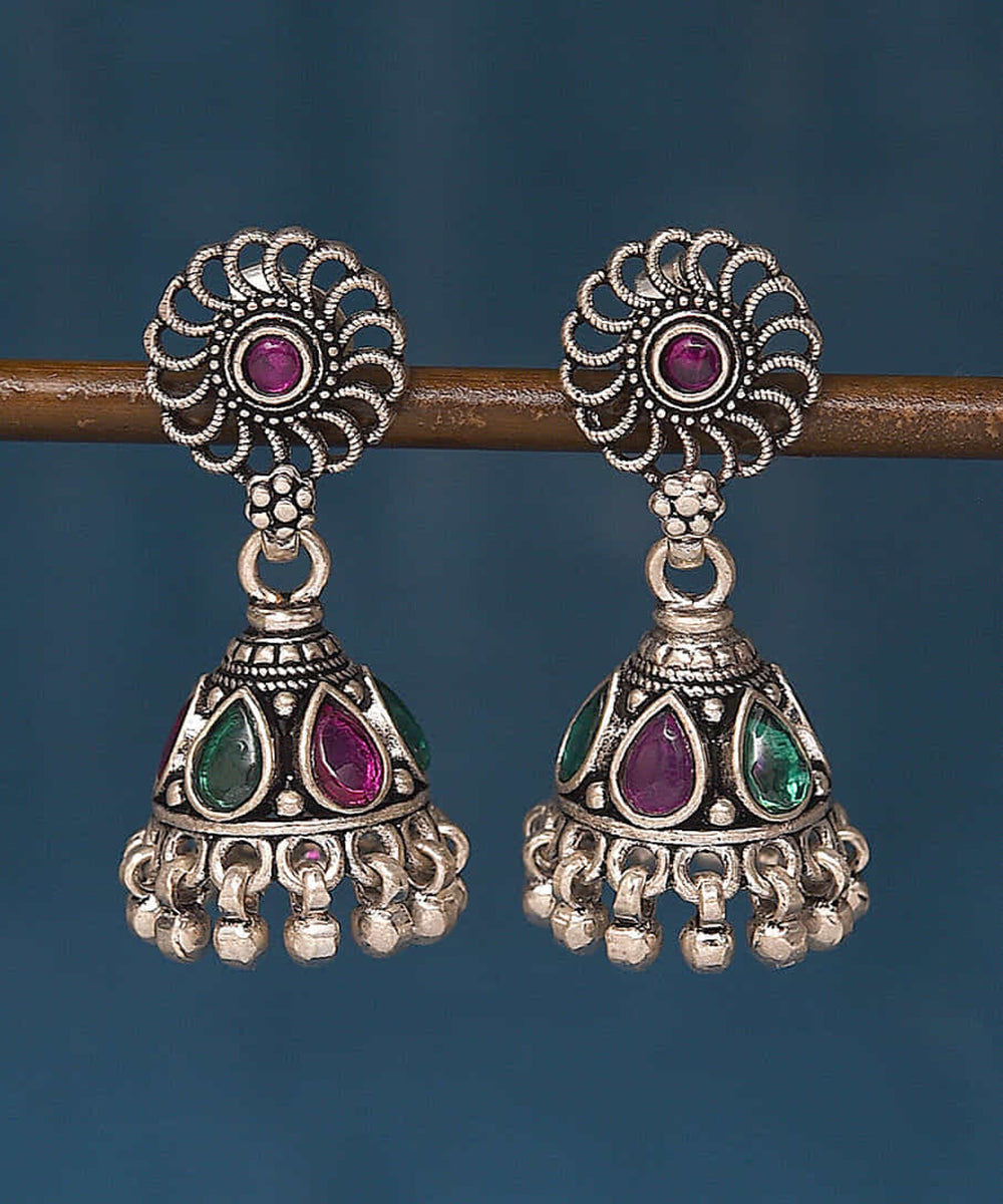 Shana_Handcrafted_Oxidised_Pure_Silver_Jhumkas_With_Pink_And_Green_Stones_WeaverStory_01
