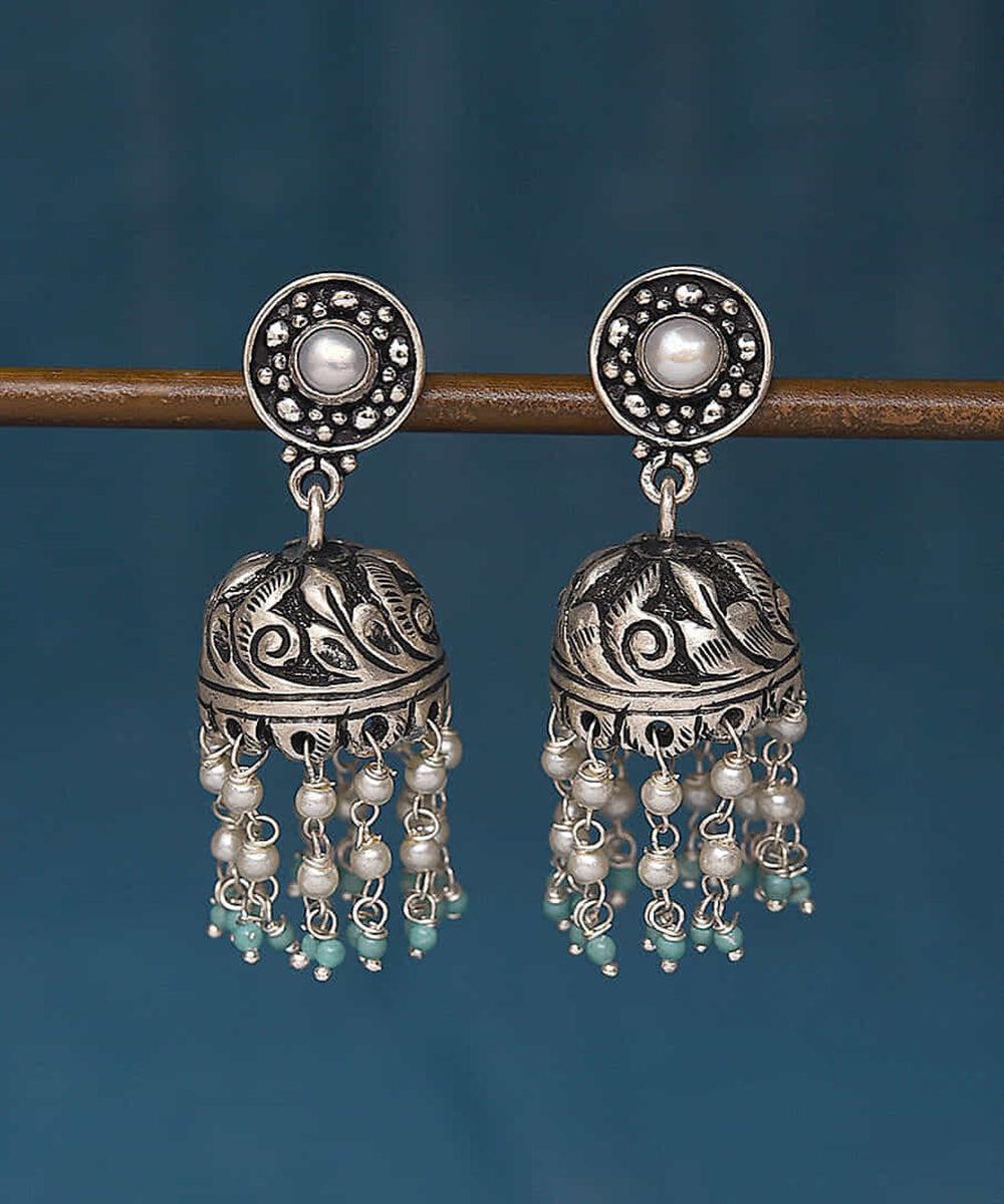 Mariyam_Handcrafted_Oxidised_Pure_Silver_Jhumkas_With_Pearls_WeaverStory_01