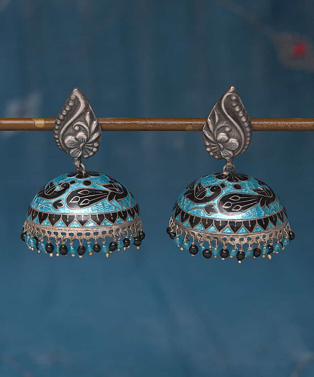 Afza_Handcrafted_Oxidised_Pure_Silver_Jhumkas_With_Enamel_And_Stones_WeaverStory_01