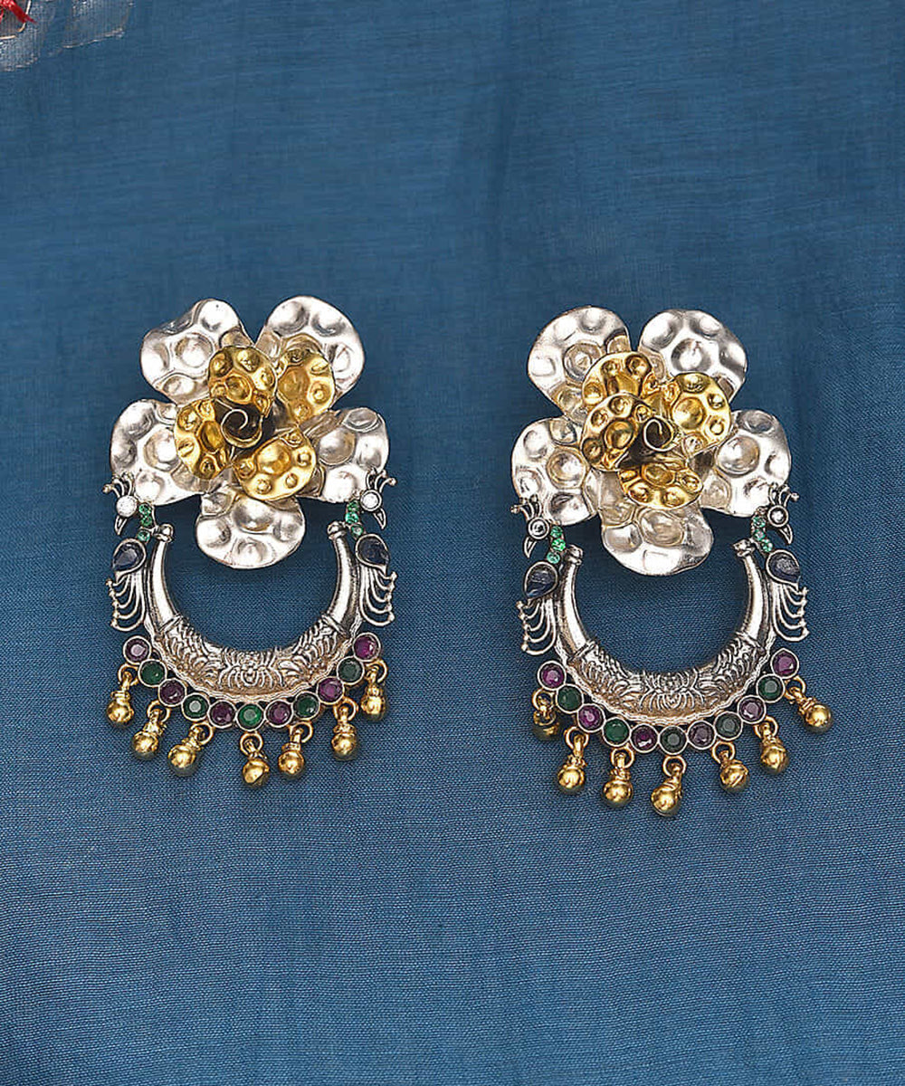 Saleha_Handcrafted_Pure_Silver_Earrings_With_Flower_Motif_And_Stones_WeaverStory_01