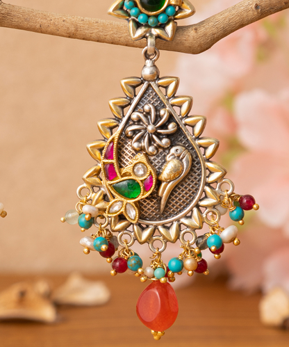 Fajar_Multicoloured_Handcrafted_Pure_Silver_Earrings_With_Stones,_Pearls_And_Peacock_Motifs_WeaverStory_02