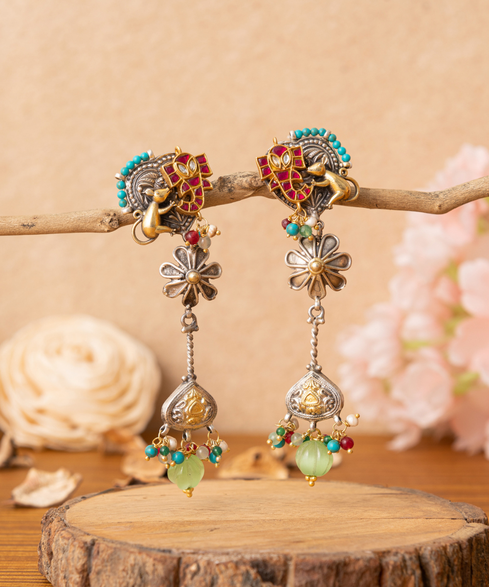 Aziza_Multicoloured_Dangler_Handcrafted_Pure_Silver_Earrings_With_Stones_And_Pearls_WeaverStory_01