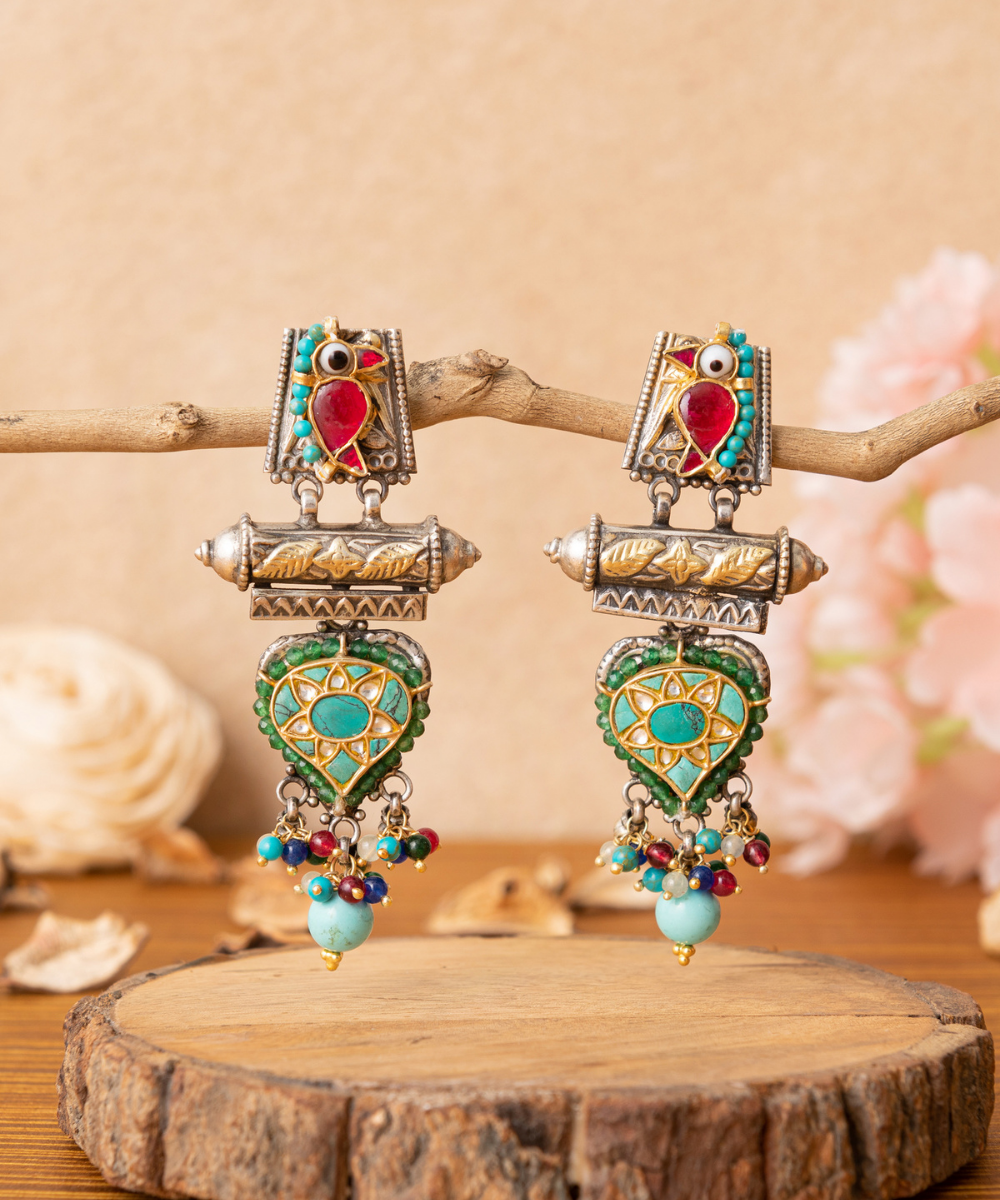 Bahar_Multicoloured_Dangler_Handcrafted_Pure_Silver_Earrings_With_Stones,_Pearls_And_Bird_Motifs_WeaverStory_01