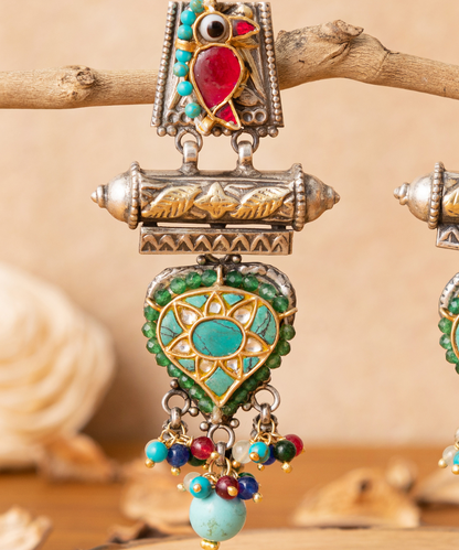 Bahar_Multicoloured_Dangler_Handcrafted_Pure_Silver_Earrings_With_Stones,_Pearls_And_Bird_Motifs_WeaverStory_02