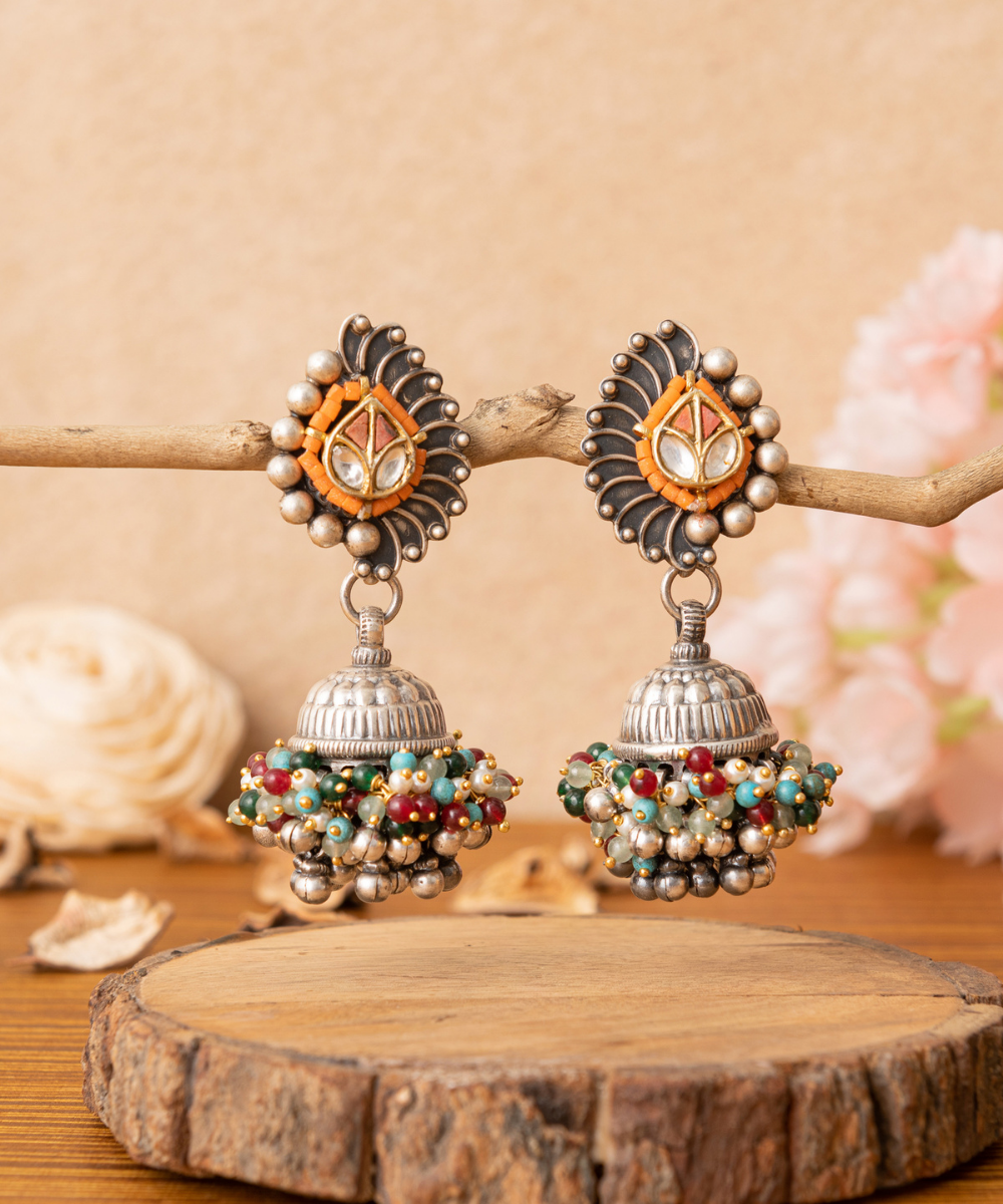 Ishrat_Multicoloured_Handcrafted_Pure_Silver_Earrings_With_Stones_And_Pearls_WeaverStory_01