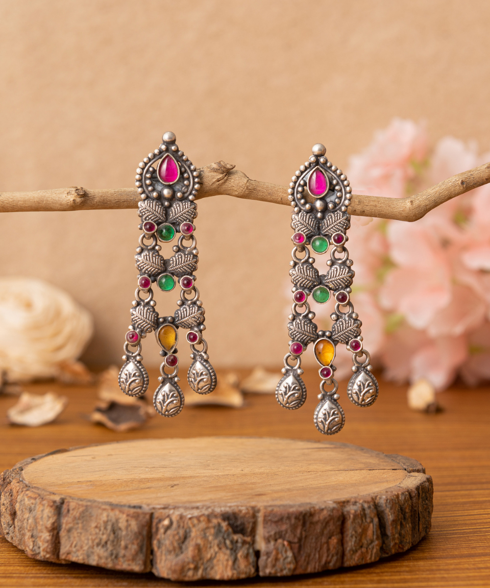 Aleena_Handcrafted_Pure_Silver_Earrings_With_Pink_And_Green_Stones_WeaverStory_01