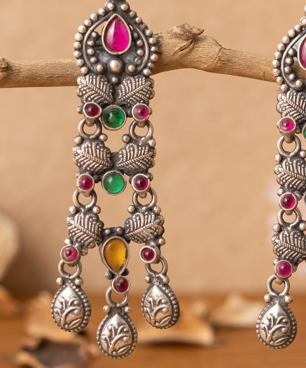 Aleena_Handcrafted_Pure_Silver_Earrings_With_Pink_And_Green_Stones_WeaverStory_02