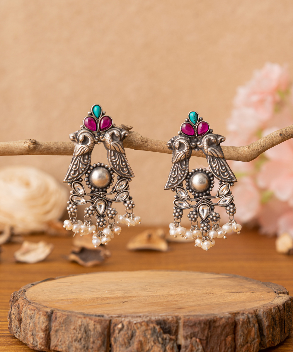 Anam_Handcrafted_Oxidised_Pure_Silver_Earrings_With_Stones_And_Pearls_WeaverStory_01