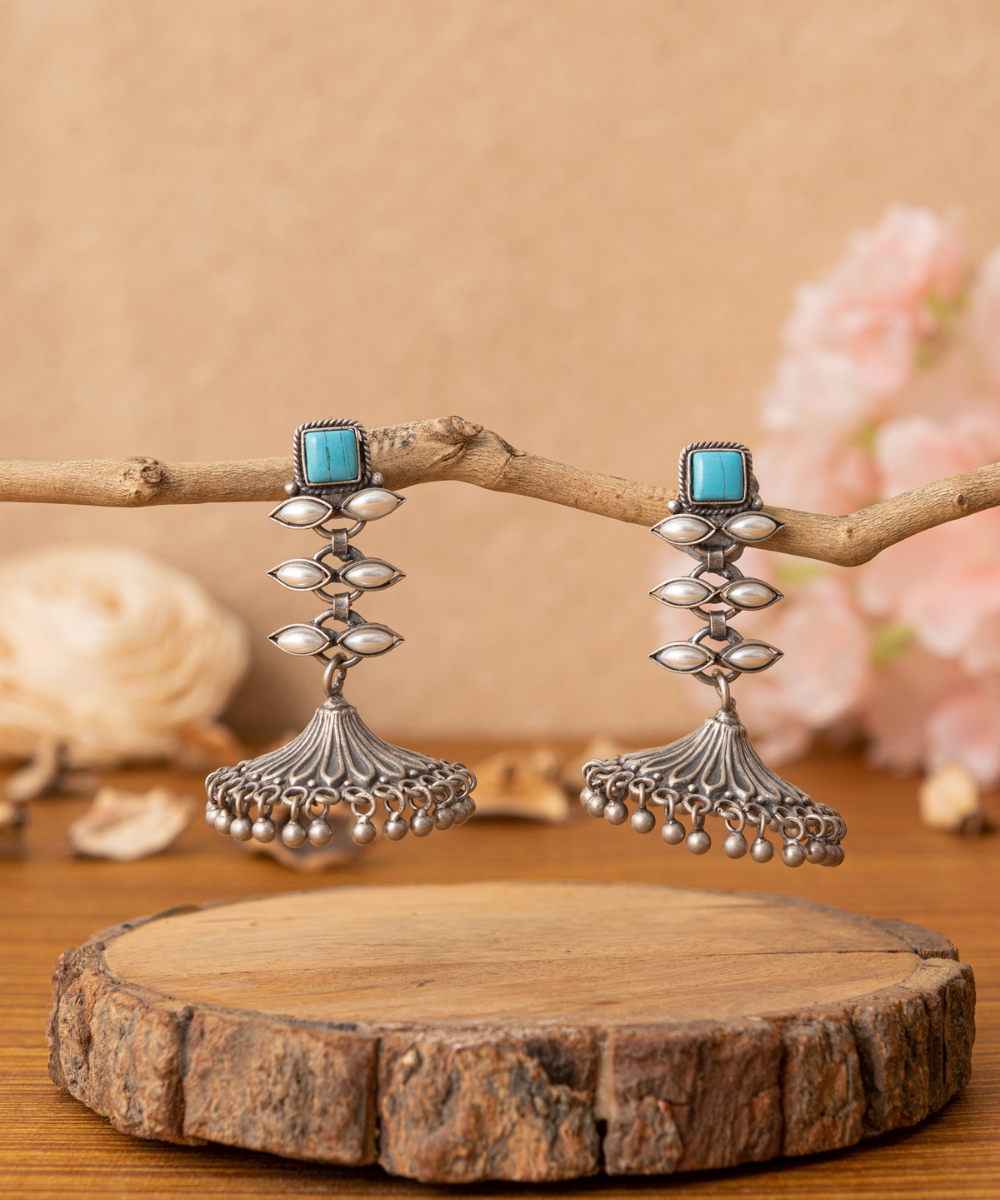 Azra_Handcrafted_Oxidised_Pure_Silver_Earrings_With_Blue_Stones_And_Pearls_WeaverStory_01