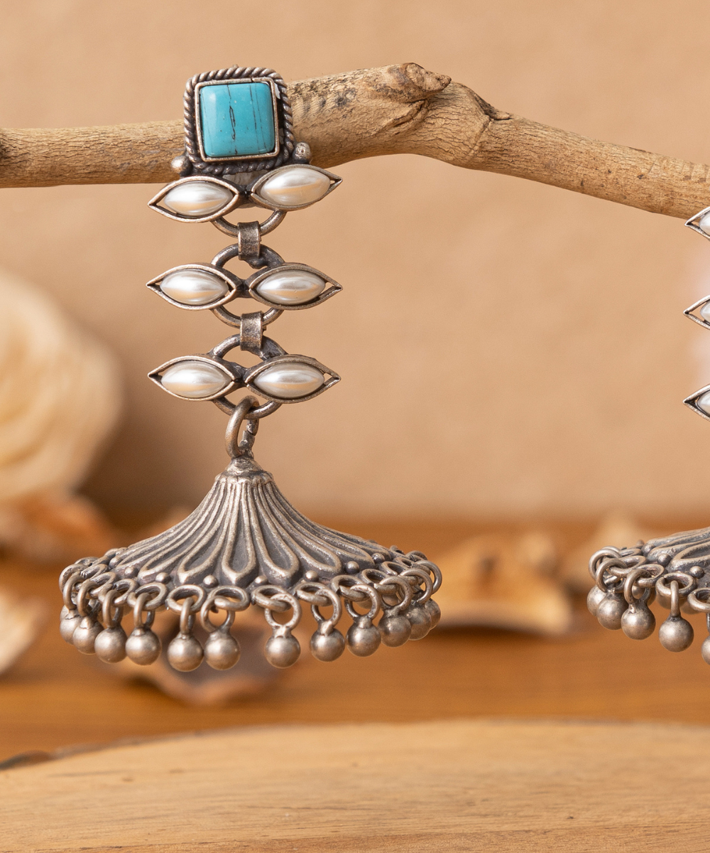 Azra_Handcrafted_Oxidised_Pure_Silver_Earrings_With_Blue_Stones_And_Pearls_WeaverStory_02