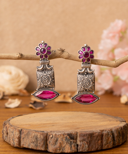 Arisha_Handcrafted_Oxidised_Pure_Silver_Earrings_With_Pink_Stones_WeaverStory_01