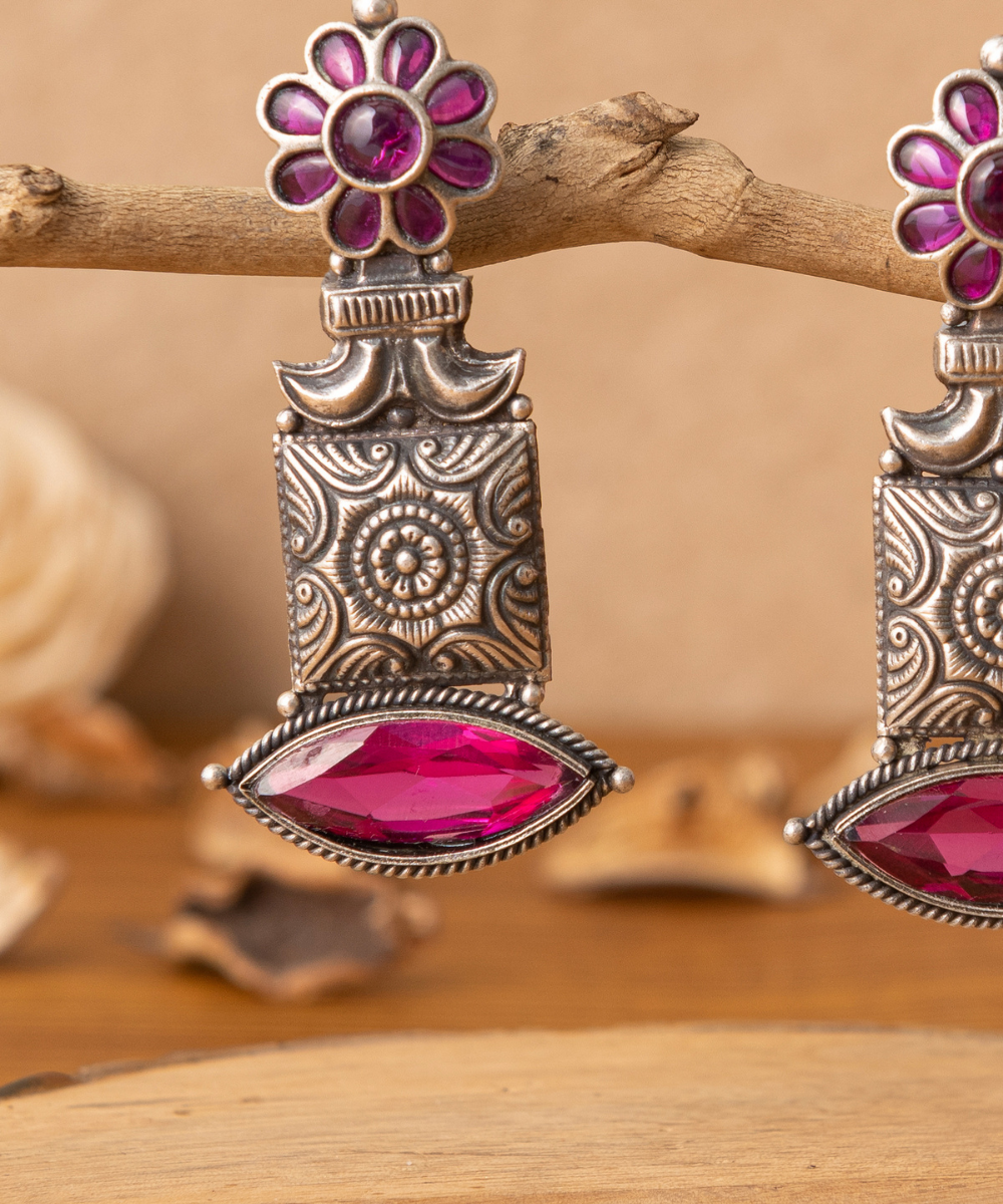 Arisha_Handcrafted_Oxidised_Pure_Silver_Earrings_With_Pink_Stones_WeaverStory_02