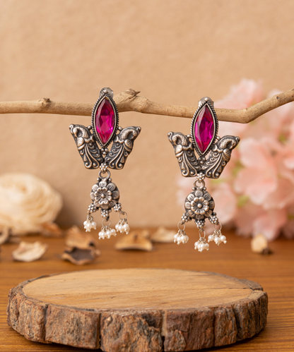 Arooba_Handcrafted_Oxidised_Pure_Silver_Earrings_With_Pink_Stones_And_Pearls_WeaverStory_01