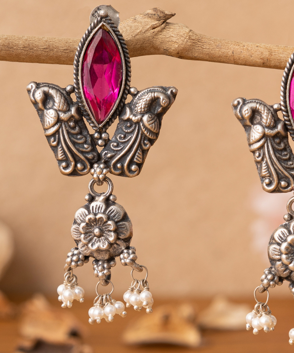 Arooba_Handcrafted_Oxidised_Pure_Silver_Earrings_With_Pink_Stones_And_Pearls_WeaverStory_02