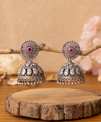 Azka_Handcrafted_Oxidised_Pure_Silver_Jhumka_Earrings_With_Pink_Stones_WeaverStory_01