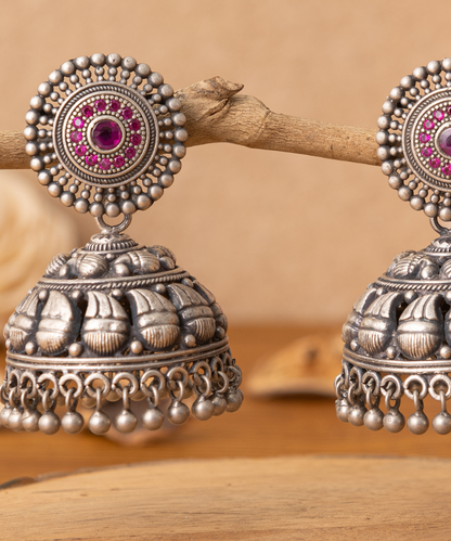 Azka_Handcrafted_Oxidised_Pure_Silver_Jhumka_Earrings_With_Pink_Stones_WeaverStory_02