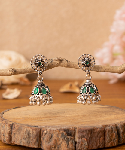 Farah_Handcrafted_Oxidised_Pure_Silver_Jhumka_Earrings_With_Green_Stones_WeaverStory_01