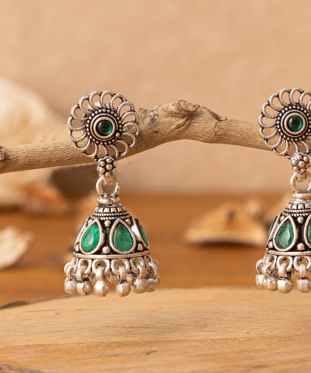 Farah_Handcrafted_Oxidised_Pure_Silver_Jhumka_Earrings_With_Green_Stones_WeaverStory_02