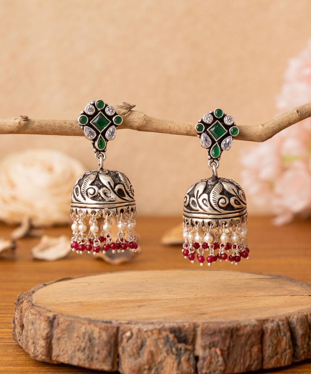 Hania_Handcrafted_Oxidised_Pure_Silver_Jhumka_Earrings_With_Stones_And_Pearls_WeaverStory_01
