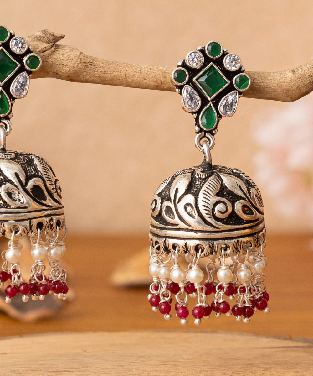 Hania_Handcrafted_Oxidised_Pure_Silver_Jhumka_Earrings_With_Stones_And_Pearls_WeaverStory_02