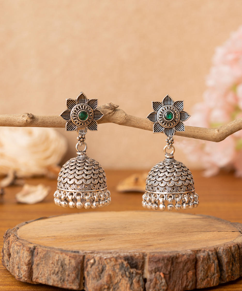 Halima_Handcrafted_Oxidised_Pure_Silver_Jhumka_Earrings_With_Green_Stones_WeaverStory_01