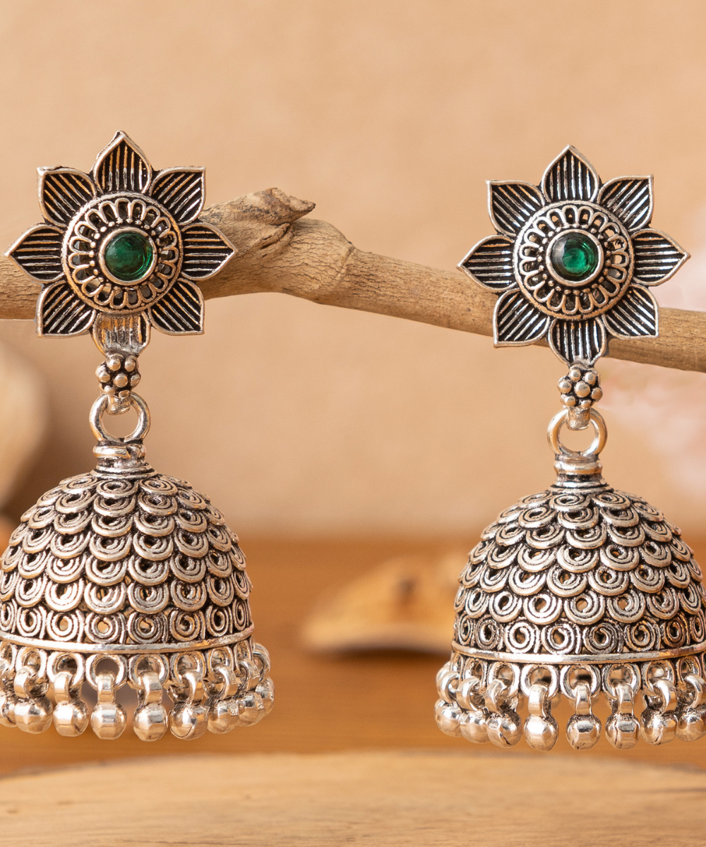 Halima_Handcrafted_Oxidised_Pure_Silver_Jhumka_Earrings_With_Green_Stones_WeaverStory_02