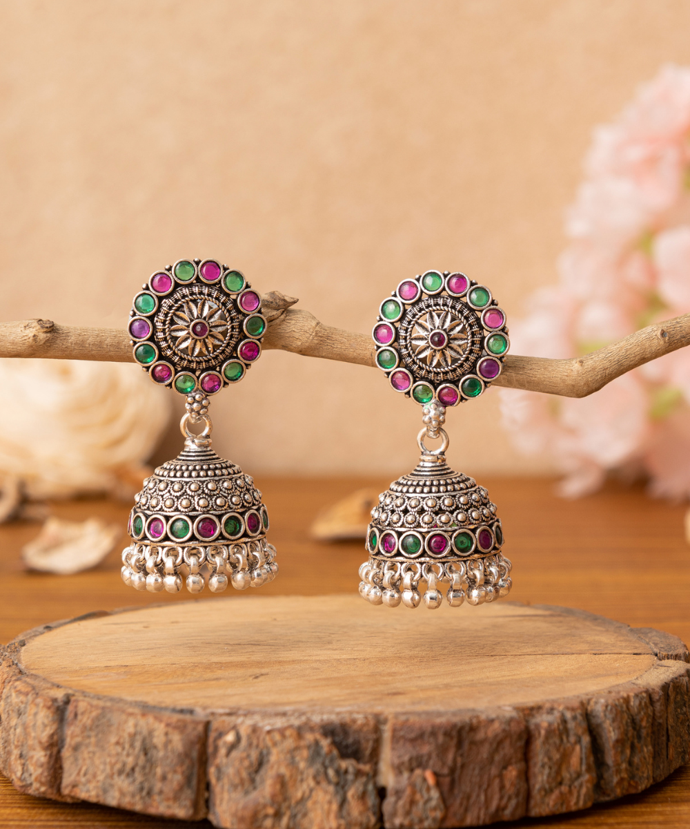 Humaira_Handcrafted_Oxidised_Pure_Silver_Jhumka_Earrings_With_Green_And_Pink_Stones_WeaverStory_01
