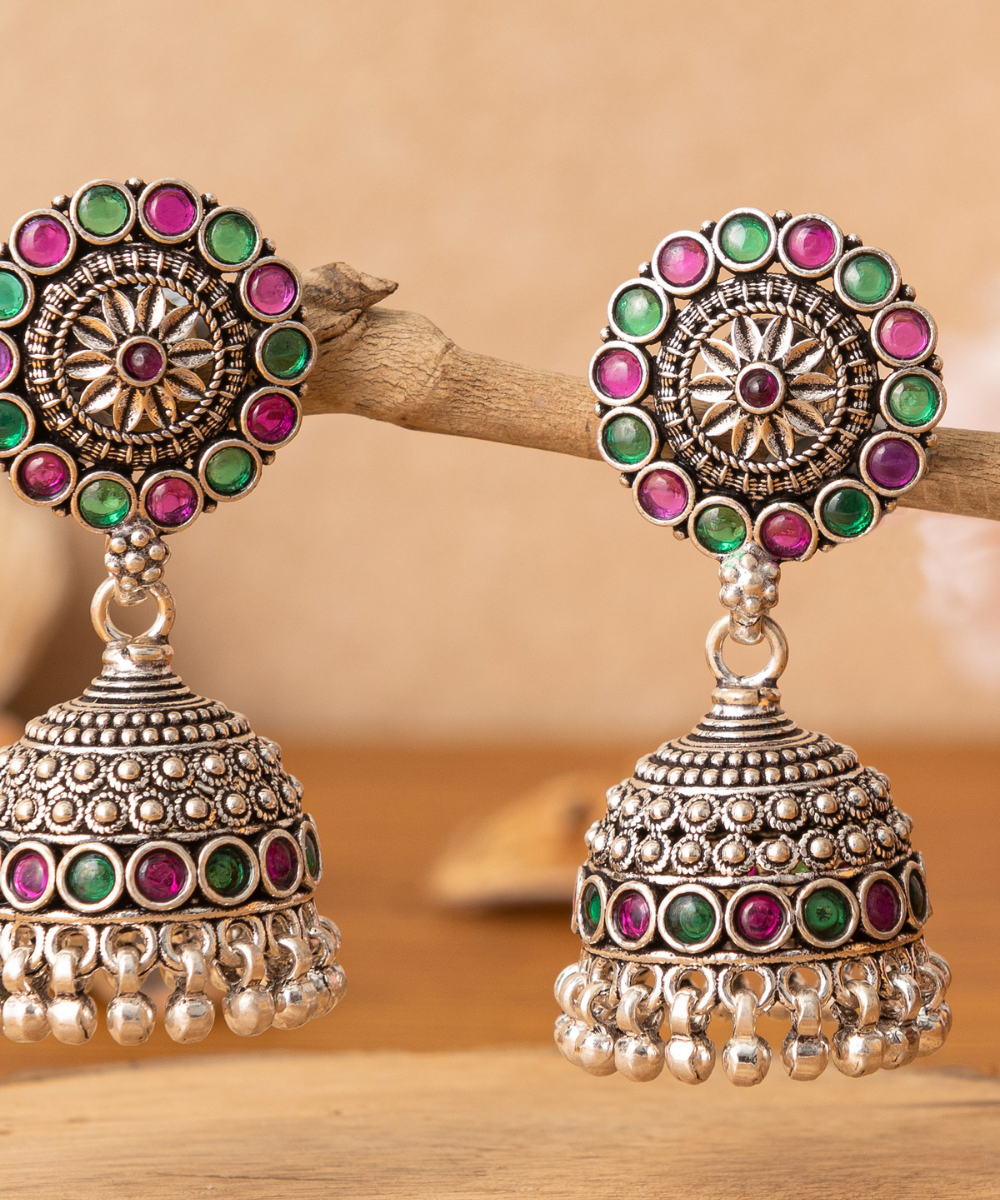 Humaira_Handcrafted_Oxidised_Pure_Silver_Jhumka_Earrings_With_Green_And_Pink_Stones_WeaverStory_02