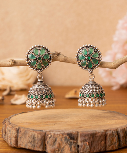 Jannat_Handcrafted_Oxidised_Pure_Silver_Jhumka_Earrings_With_Green_Stones_WeaverStory_01