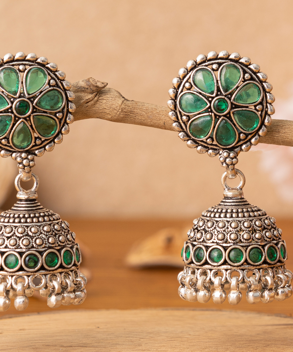 Jannat_Handcrafted_Oxidised_Pure_Silver_Jhumka_Earrings_With_Green_Stones_WeaverStory_02