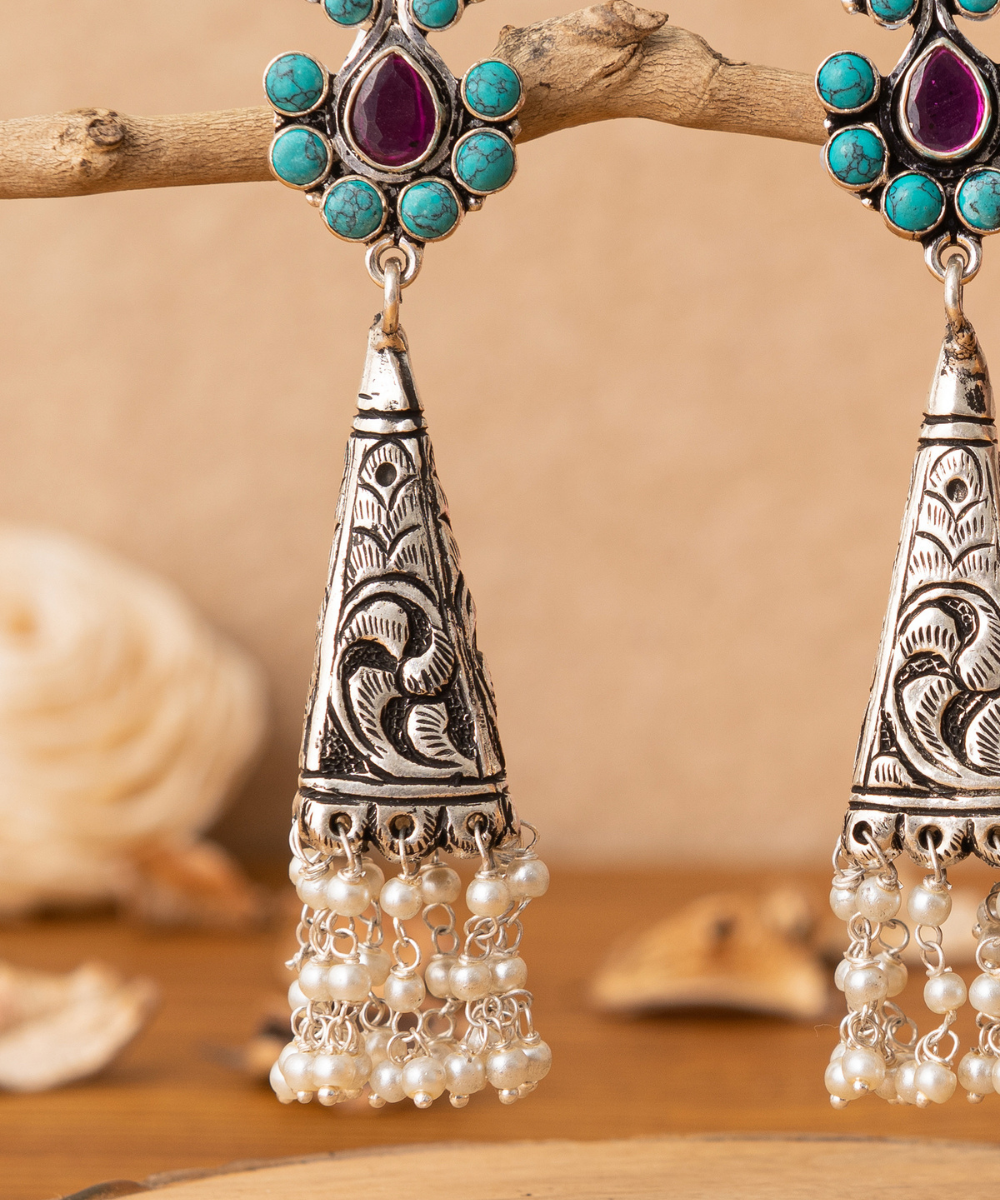 Rizwana_Handcrafted_Oxidised_Pure_Silver_Earrings_With_Stones_And_Pearls_WeaverStory_02