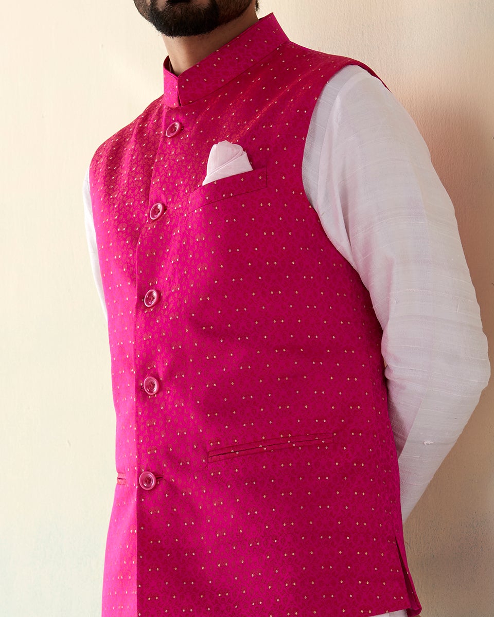 Hot_Pink_Handloom_Pure_Katan_Silk_Banarasi_Nehru_Jacket_with_Golden_Booti_WeaverStory_04