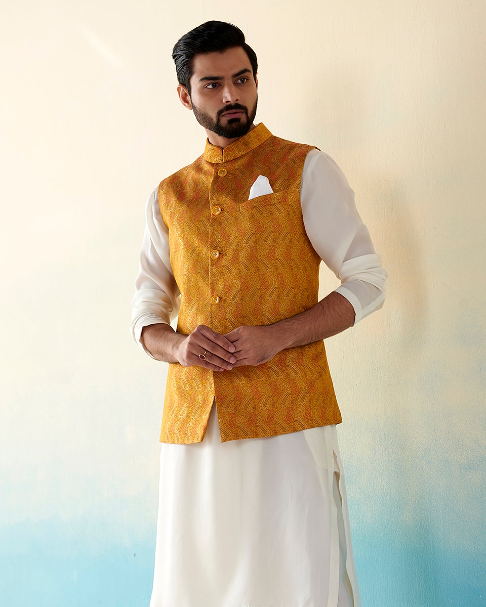 Handloom_Mustard_Pure_Katan_Silk_Banarasi_Nehru_Jacket_WeaverStory_01