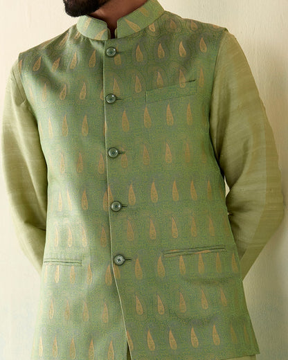 Pista_Green_Handloom_Pure_Katan_Silk_Banarasi_Nehru_Jacket_with_Zari_Tanchoi_Booti_WeaverStory_04