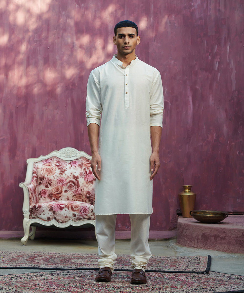 Offwhite Handcrafted Cotton Silk Stiched Kurta With Churidaar