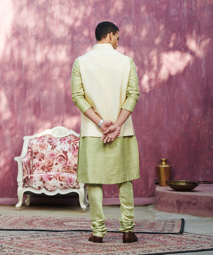 Offwhite Handcrafted Raw Silk Stitched Nehru Jacket With Dabka Hand Emboidery