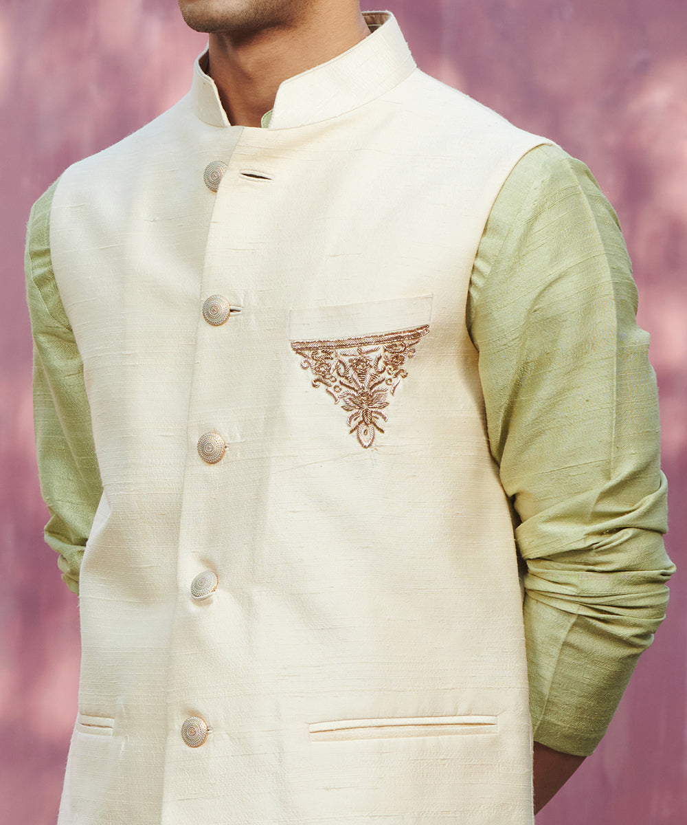 Offwhite Handcrafted Raw Silk Stitched Nehru Jacket With Dabka Hand Emboidery