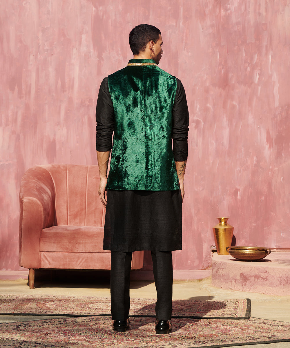 Dark Green Handcrafted Velvet Stitched Nehru Jacket With Nakshi Embroidery