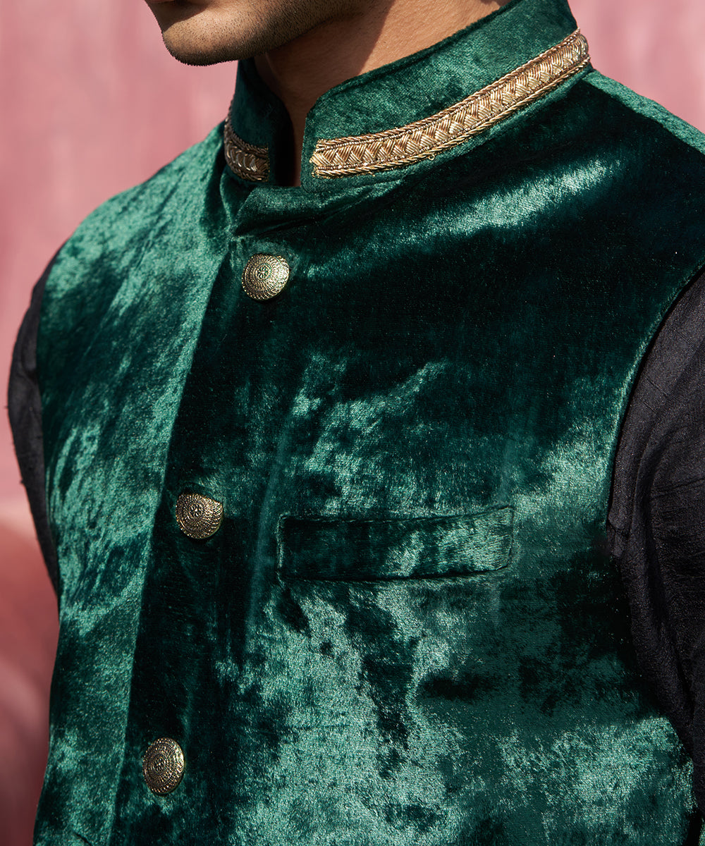 Dark Green Handcrafted Velvet Stitched Nehru Jacket With Nakshi Embroidery