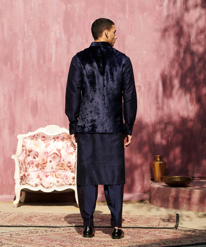 Handcrafted Dark Blue Velvet Stitched Nehru Jacket With Resham Embroidery