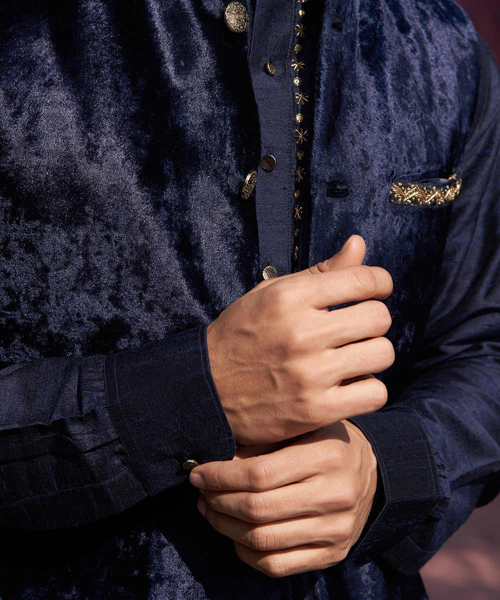 Handcrafted Dark Blue Velvet Stitched Nehru Jacket With Resham Embroidery