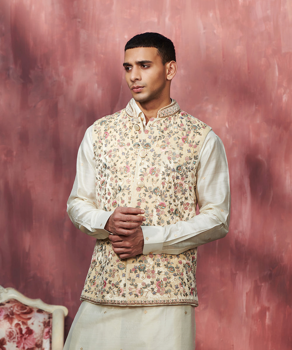 Offwhite Handcrafted Velvet Stitched Nehru Jacket With Floral Jaal