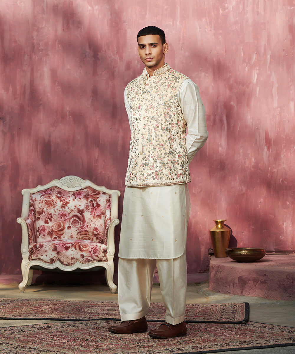 Offwhite Handcrafted Velvet Stitched Nehru Jacket With Floral Jaal